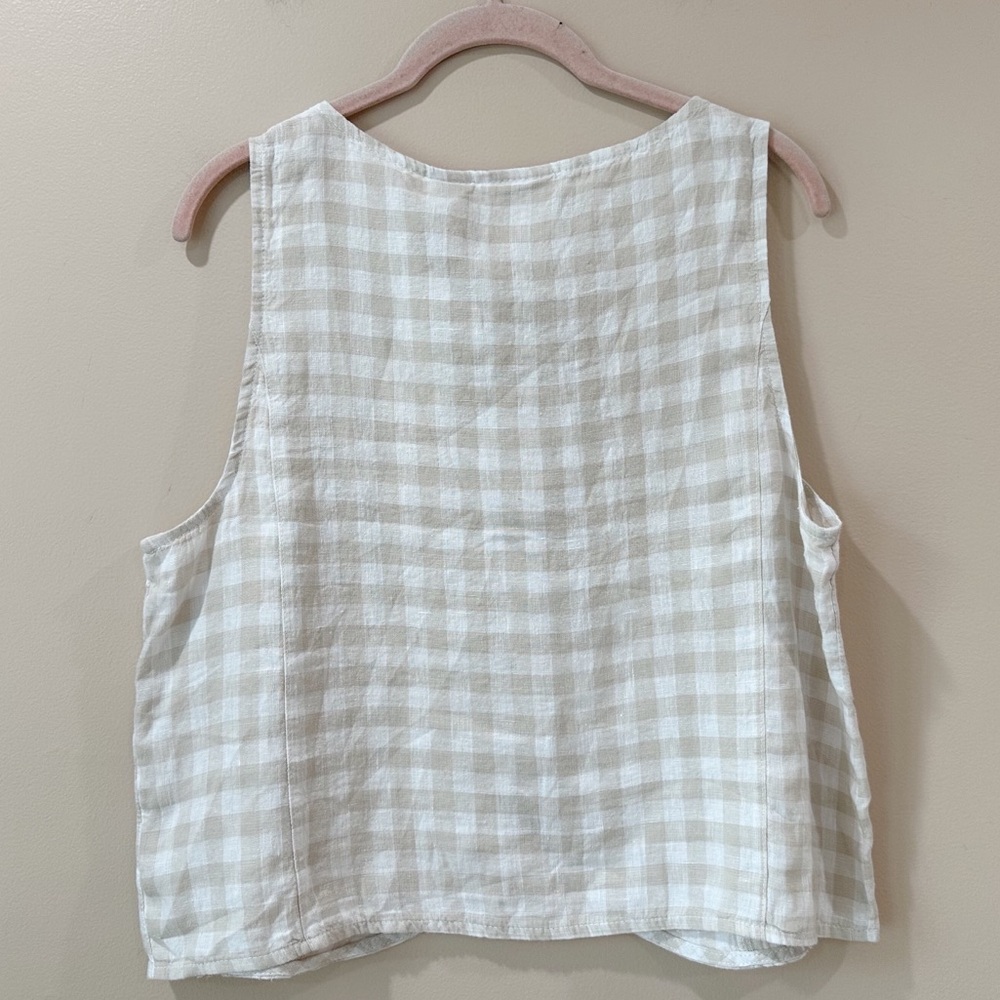 Laura Ashley NWT Women’s L Beige Gingham 100% Linen Sleeveless Button-Up Vest - Picture 2 of 5
